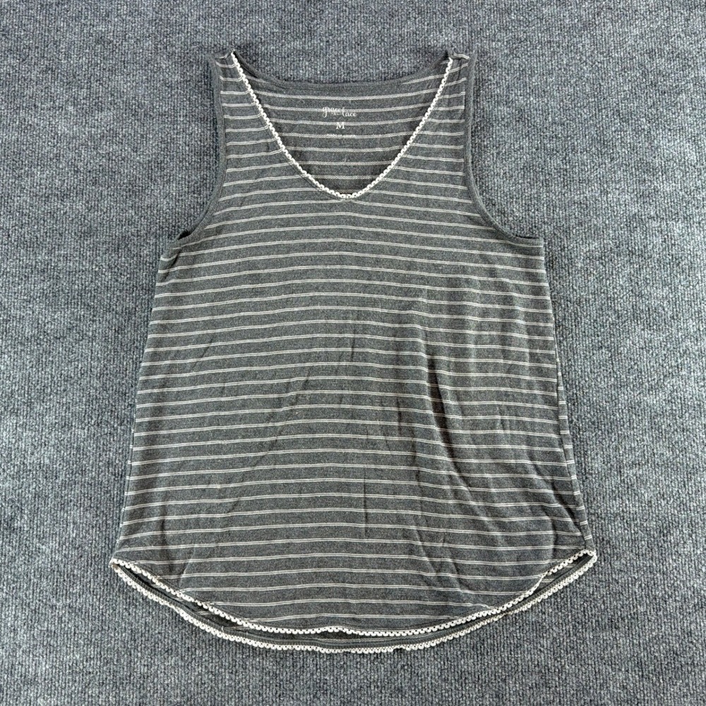 Grace & Lace Womens Grey Striped Lace Trim V-Neck Tank Top Size M 20F3-05